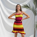 Rainbow Striped Strap Dress Breathable Beach Sun Protection Knitted 2026 Dresses RS-250819