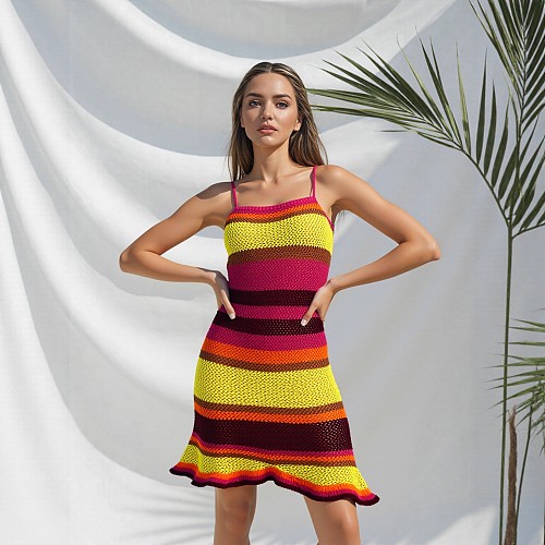 Rainbow Striped Strap Dress Breathable Beach Sun Protection Knitted 2026 Dresses RS-250819