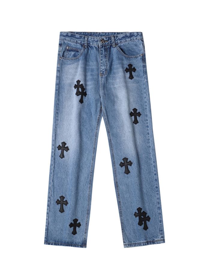 1:1 quality black leather logo blue jeans