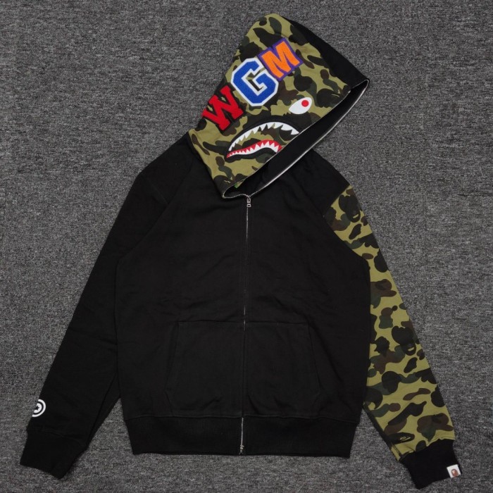 [Buy One Get One Free]1:1 quality Bape green camo head & sleeve shark full zip-up hoodie