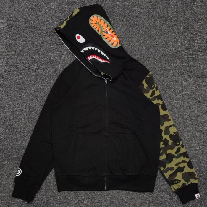 [Buy One Get One Free]1:1 quality Bape green camo head & sleeve shark full zip-up hoodie
