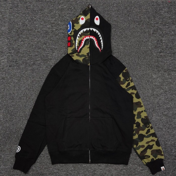 [Buy One Get One Free]1:1 quality Bape green camo head & sleeve shark full zip-up hoodie