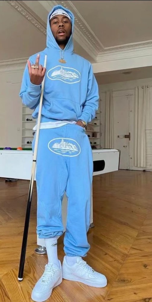 1:1 quality version Corteiz logo hoodie & pants light blue