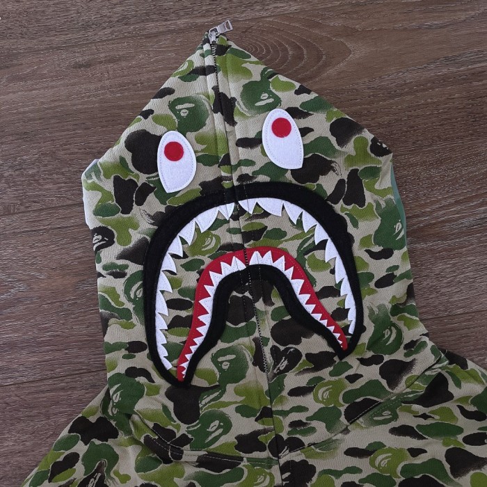 1:1 quality Bape chinese brush painting green camo shark full zip-up hoodie-