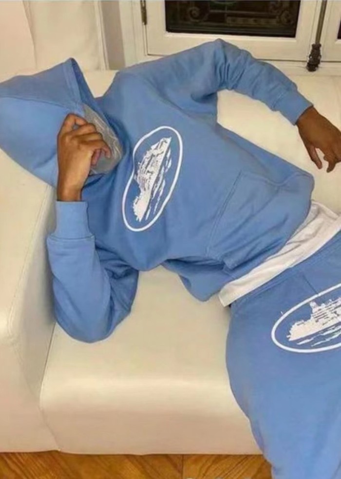 1:1 quality version Corteiz logo hoodie & pants light blue
