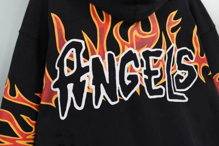 Embroidered Letters Flame Print Washed Hoodie