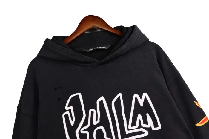 Embroidered Letters Flame Print Washed Hoodie