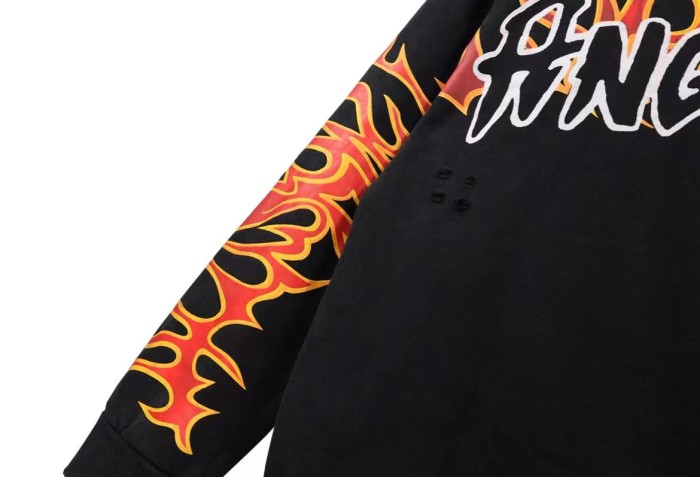 Embroidered Letters Flame Print Washed Hoodie