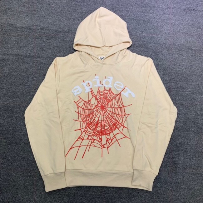 Young Thug Sp5der- White letters red cobweb beige hoodie