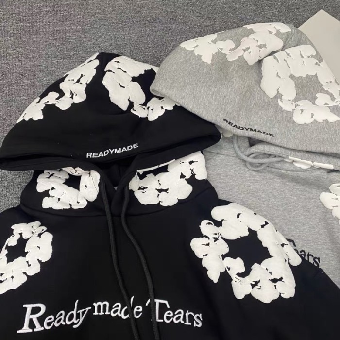 Foam Print Black Embroidered Letter Hoodie