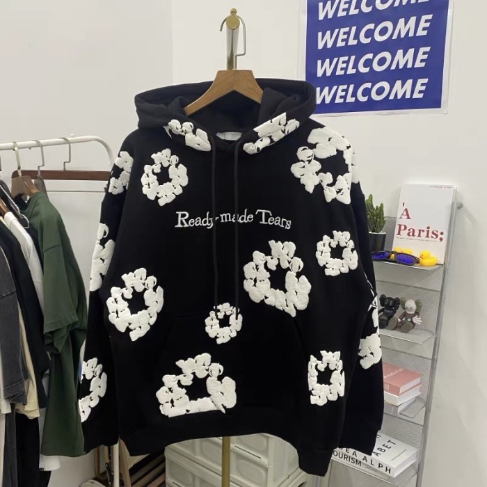 Foam Print Black Embroidered Letter Hoodie