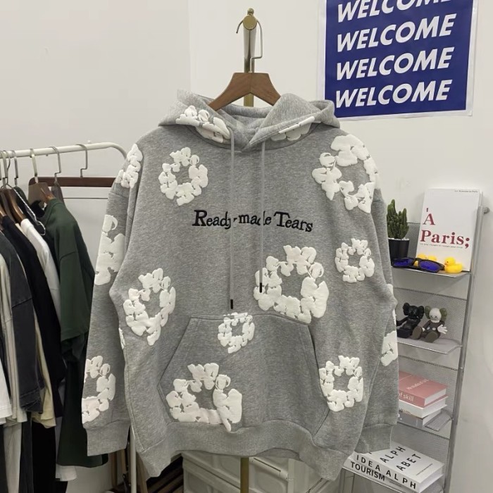 Foam Print Black Embroidered Letter Hoodie