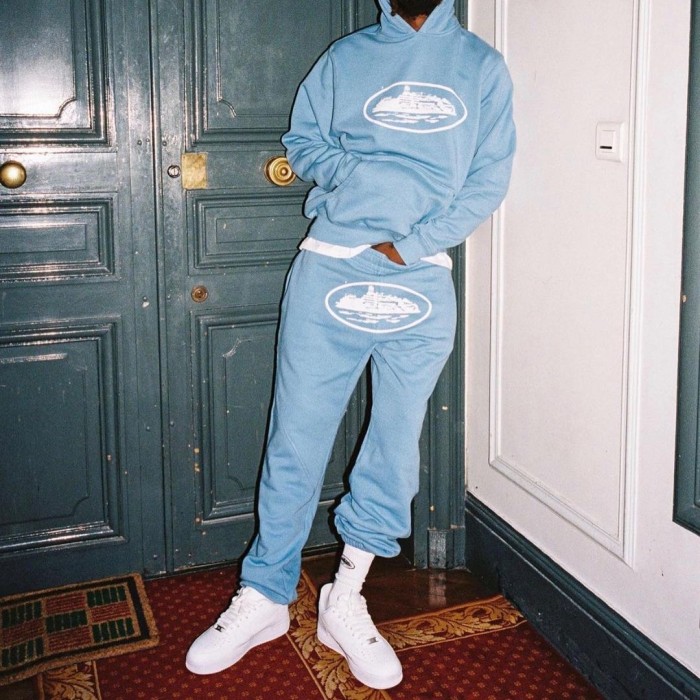 1:1 quality version Corteiz logo hoodie & pants light blue