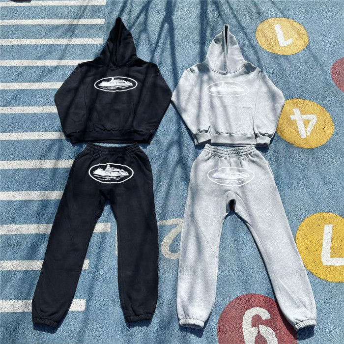 1:1 quality version Corteiz logo hoodie & pants black grey