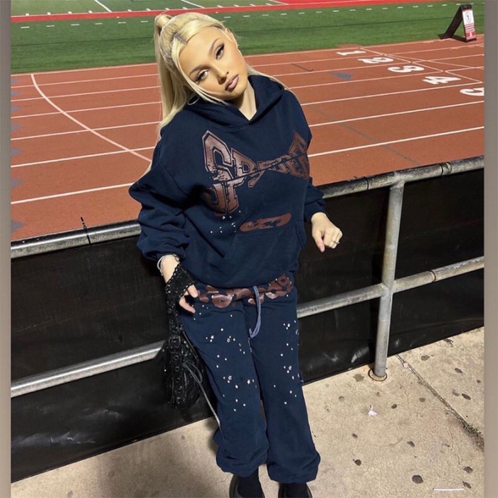 Red letters printed dark blue pants