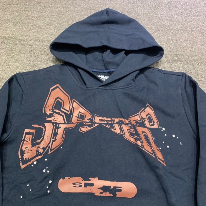 Dark blue hoodie with red lettering print