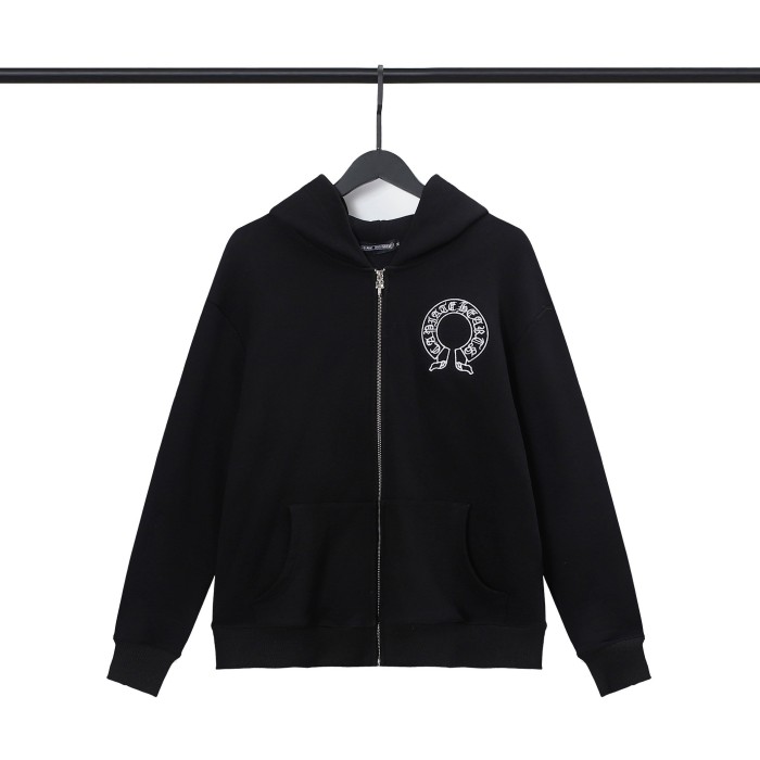 Leather embroidered horseshoe zipper hoodie