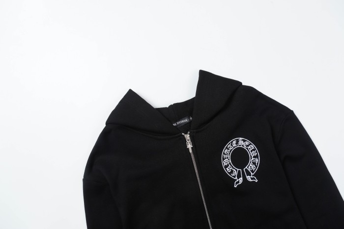 Leather embroidered horseshoe zipper hoodie
