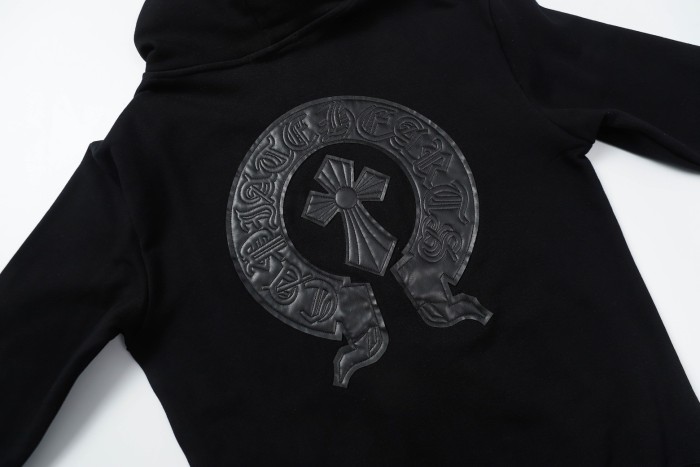 Leather embroidered horseshoe zipper hoodie