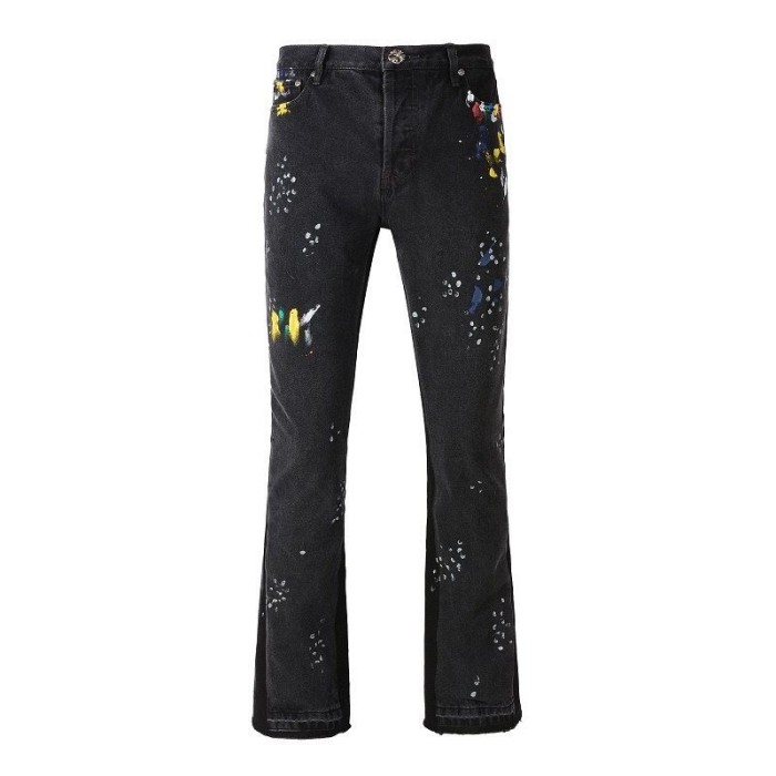 No brand lable Crossbuckle button graffiti patchwork flared jeans black