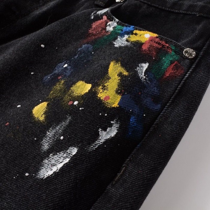 No brand lable Crossbuckle button graffiti patchwork flared jeans black
