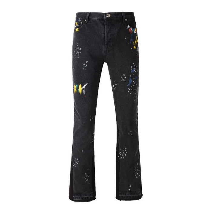 No brand lable Crossbuckle button graffiti patchwork flared jeans black