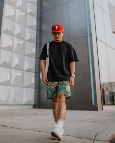 Bandana style E logo shorts green purple brown