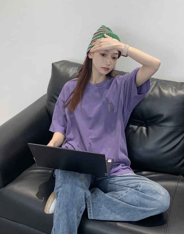 Solid color small logo round neck washed and worn tee 6 colors