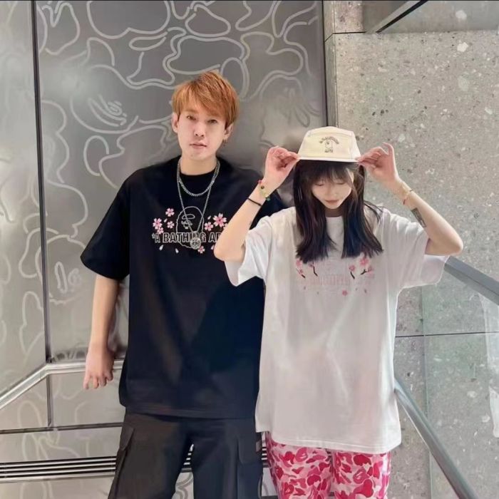 Cherry blossom embroidery ape head solid color tee 2 colors
