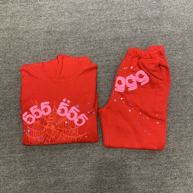 555 red spider web print children's hoodie pants set red