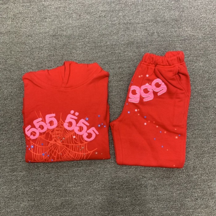 555 red spider web print children's hoodie pants set red
