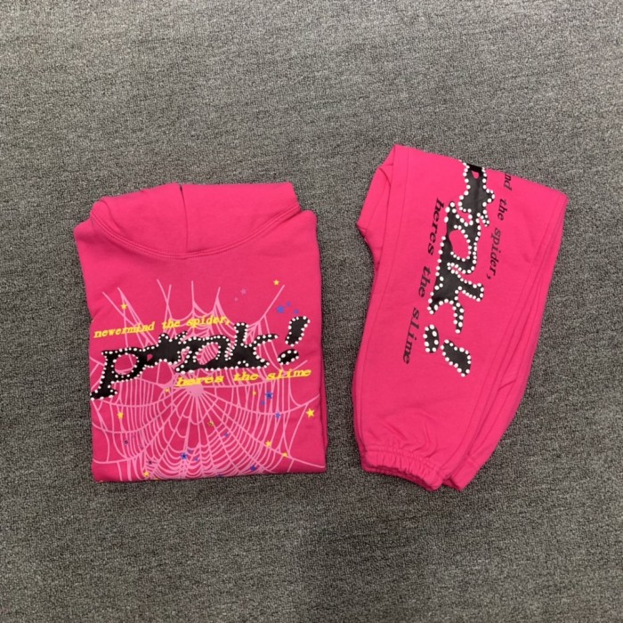 Black letters spider web print children's hoodie pants set pink