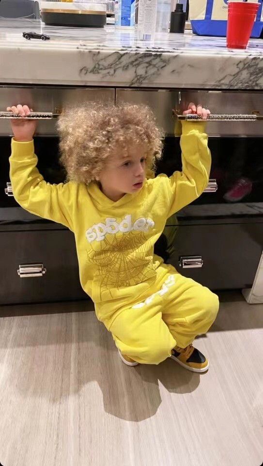 Flocked letters spider web print children's hoodie pants set yellow