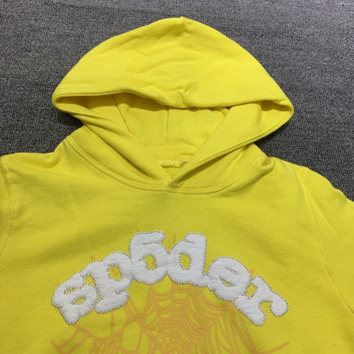 Flocked letters spider web print children's hoodie pants set yellow