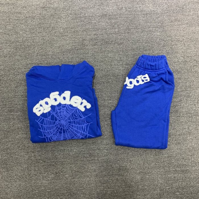 Flocked letters spider web print children's hoodie pants set blue