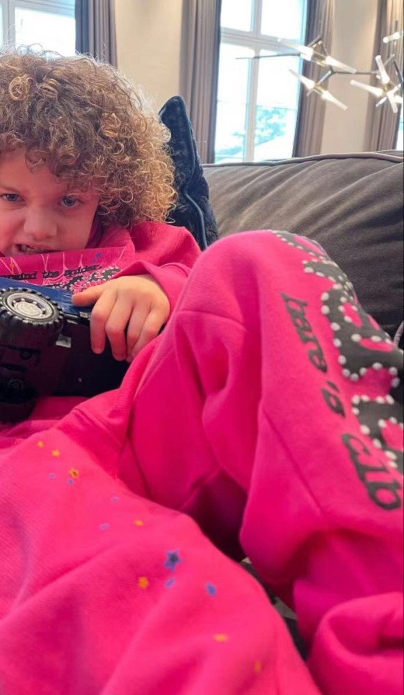 Black letters spider web print children's hoodie pants set pink