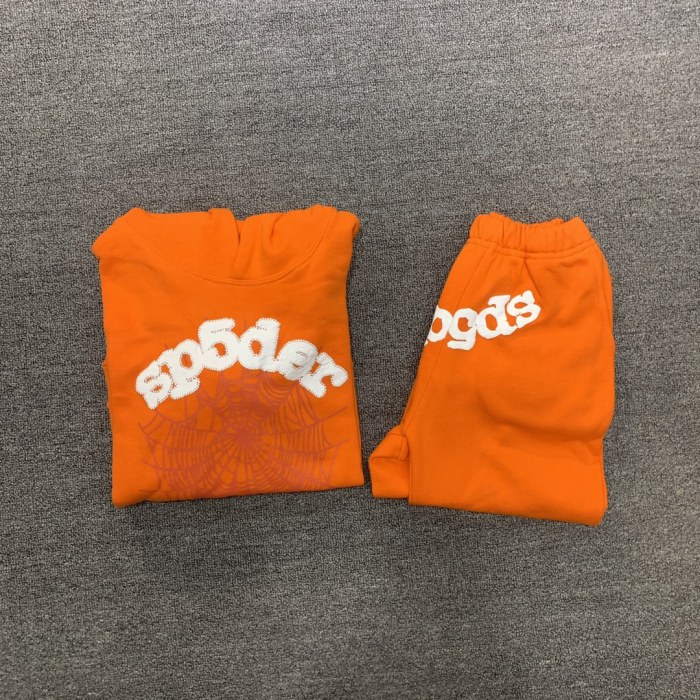 Flocked letters spider web print children's hoodie pants set orange