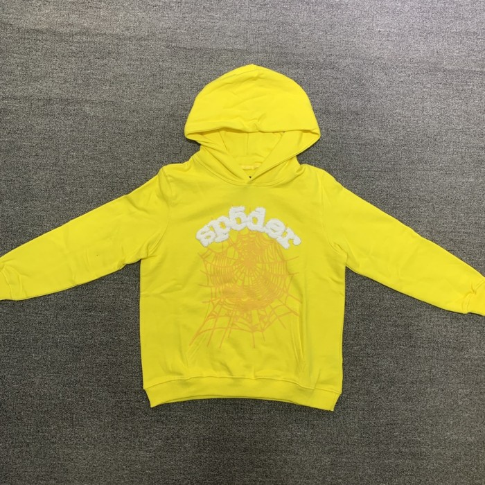 Flocked letters spider web print children's hoodie pants set yellow
