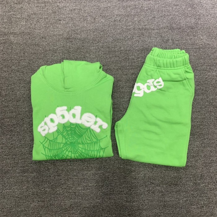Flocked letters spider web print children's hoodie pants set green