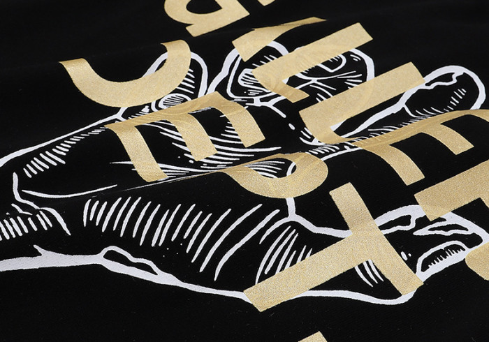 [buy more save more]  Slogan gesture foil letter print loose round neck tee 2 colors