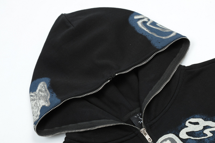 Skull pattern print zipper sweatshirt hoodie