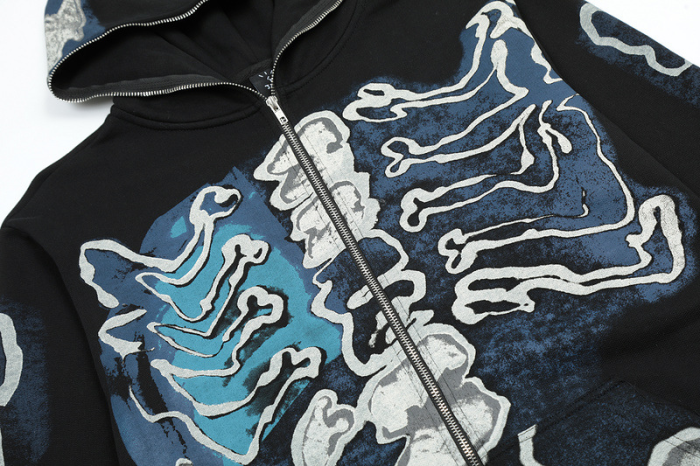 Skull pattern print zipper sweatshirt hoodie