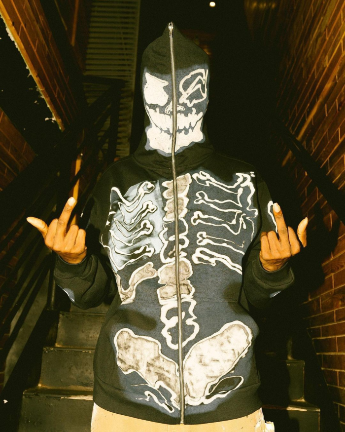 Skull pattern print zipper sweatshirt hoodie