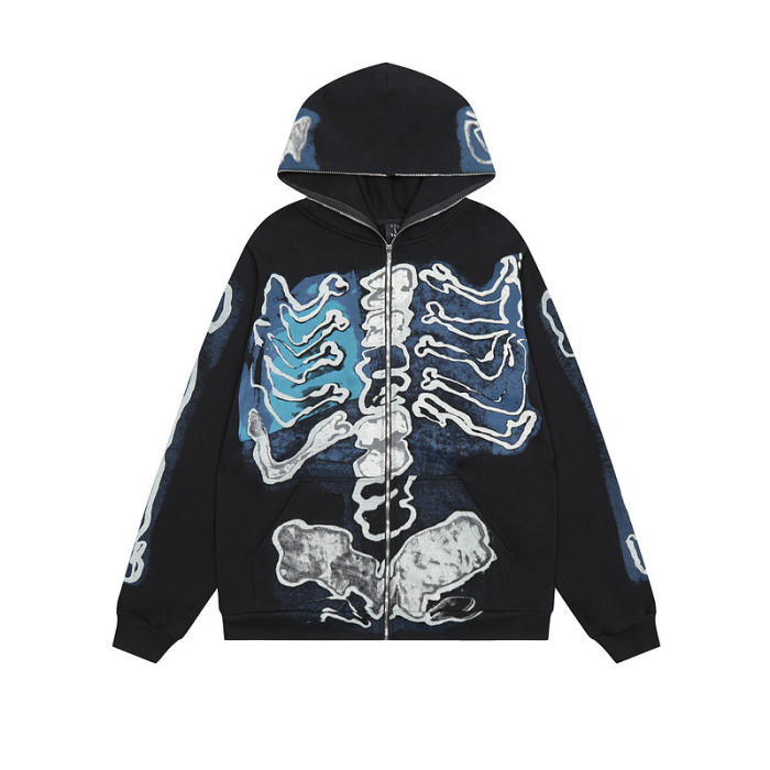 Skull pattern print zipper sweatshirt hoodie