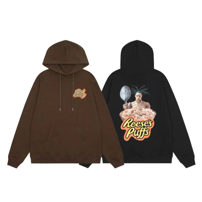 Chest letter print back hand holding a spoon character pattern hoodie 2 colors