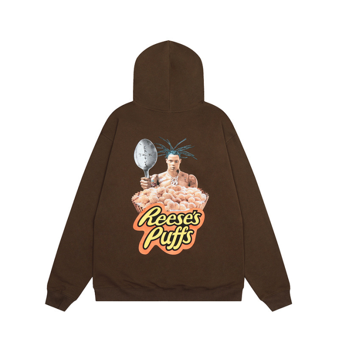 Chest letter print back hand holding a spoon character pattern hoodie 2 colors