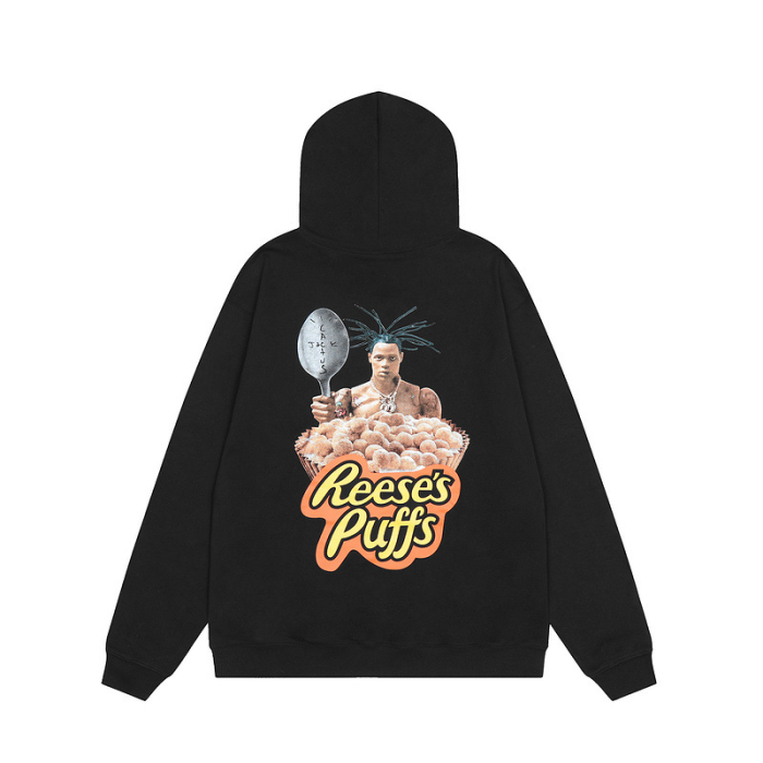 Chest letter print back hand holding a spoon character pattern hoodie 2 colors