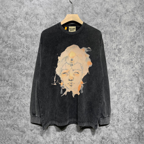 Smiling woman washed old print T-shirt