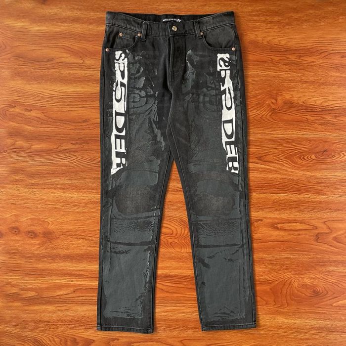 Retro black and white letters cracked pulp print jeans