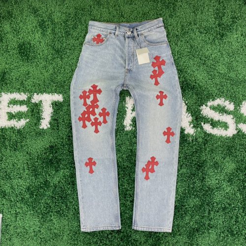 [buy more save more]1:1 quality version Red Patchwork Sterling Silver Button Leather Jeans